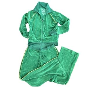 VICTORIAS SECRET PLUSH & LUSH TRACK SUIT GREEN VELOUR JACKET WIDE LEG BOTTOMS